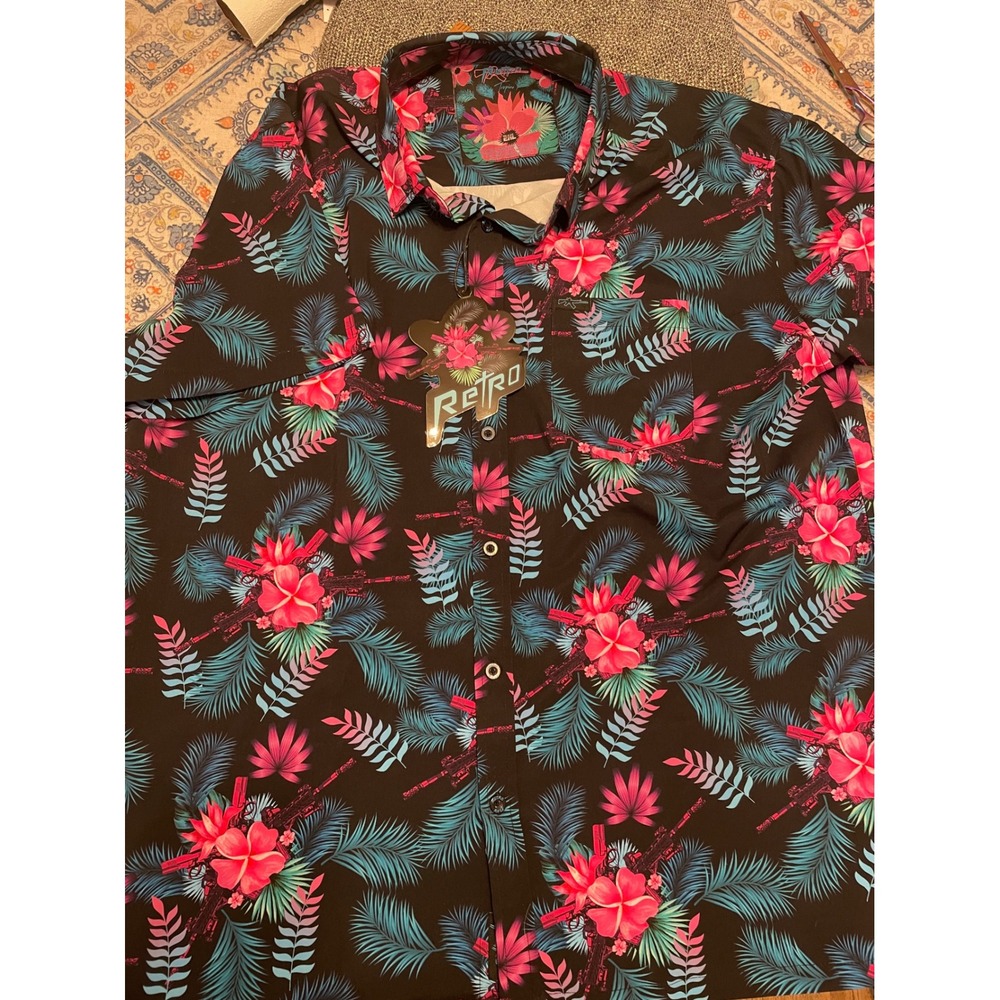 Retro Rifle Tropics Mens 2XL Black Pink Floral Gun Print Stretch Button Up Shirt